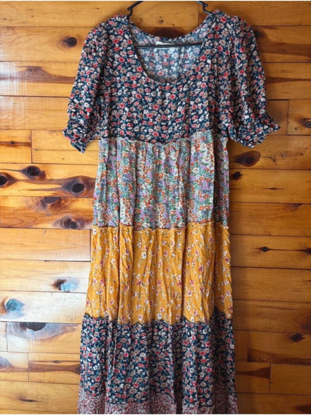 NATURAL LIFE Floral Tiered Maxi Dress in Navy, Mustard & Green
